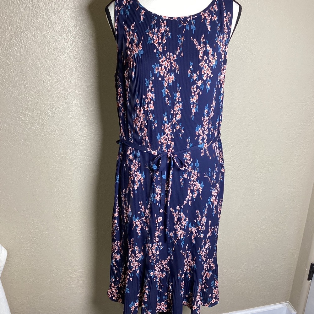 Banana Republic Navy Blue Floral Pleated Midi Dress Pink Cherry Blossom Medium